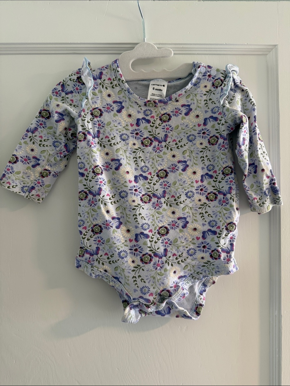 Carhartt Floral Long-Sleeve Baby Onesie - Light Blue & Purple Butterfly